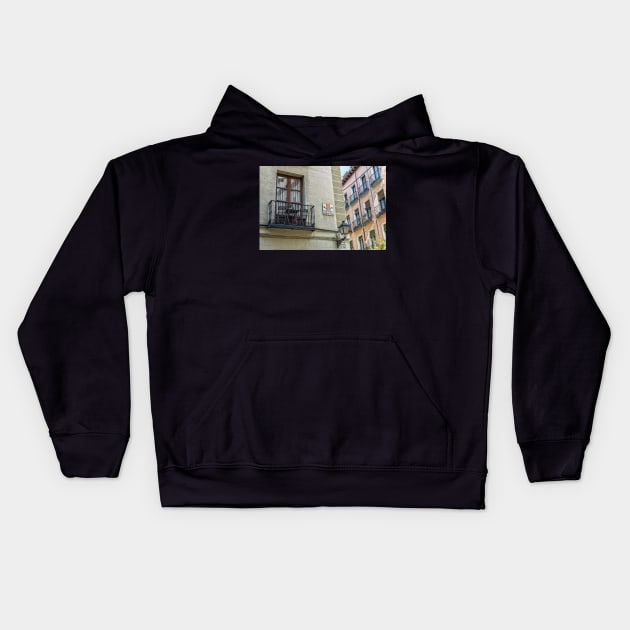 Balcony at Amnesty street in Madrid city center Kids Hoodie by JJFarquitectos